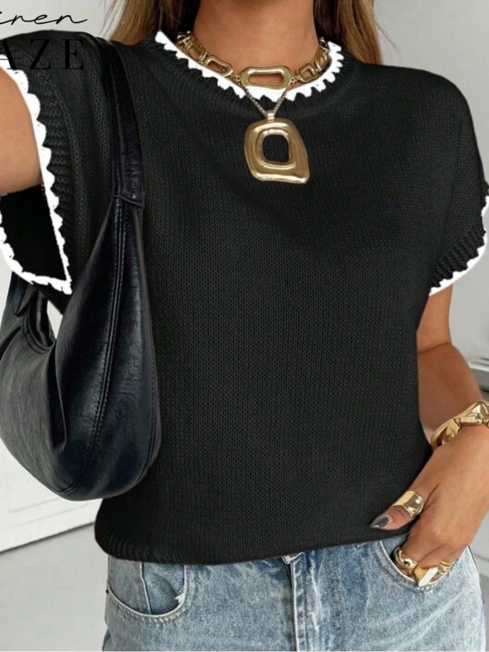 Black Knit Short Sleeve Top with Contrast Trim